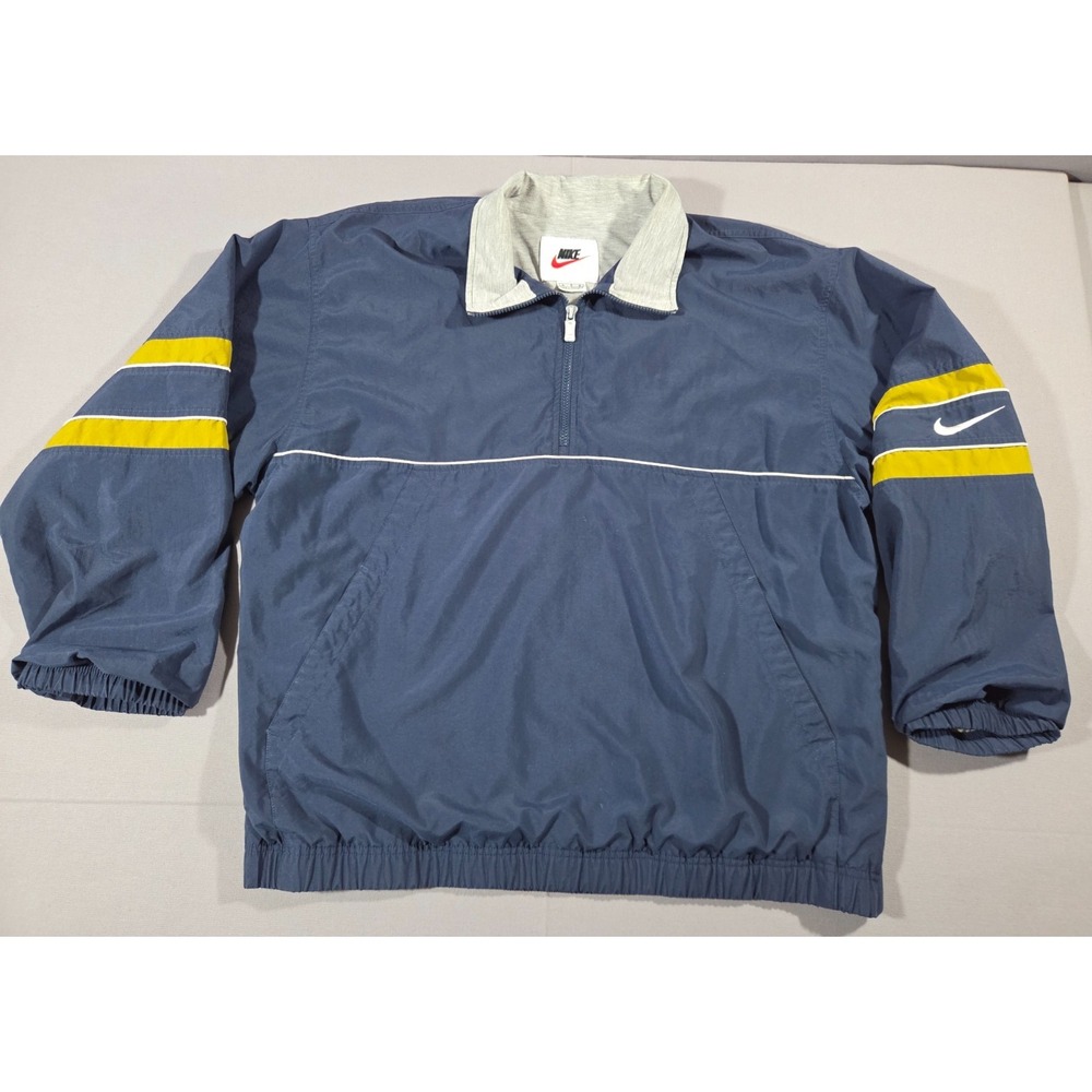 Vintage Nike Jacket Mens Large Blue Yellow 1/4 Zip Pullover Lined Retro Warm Up